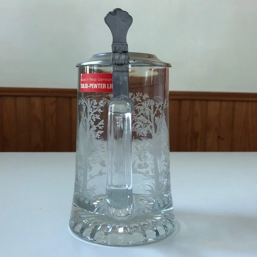 Vintage West Germany Etched Glass Beer Stein Pewter Lid Fishing Scene